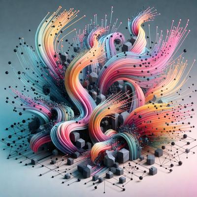 The primary subject of the image is a colorful, abstract artwork featuring a mix of pink, blue, yellow, and green colors. The artwork is set against a white background, giving it a clean and minimalist appearance. The visual style of the image is a combination of digital art and illustration, creating a unique and vibrant piece of art. The overall atmosphere of the image is lively and energetic, with the colorful shapes and patterns evoking a sense of movement and creativity.